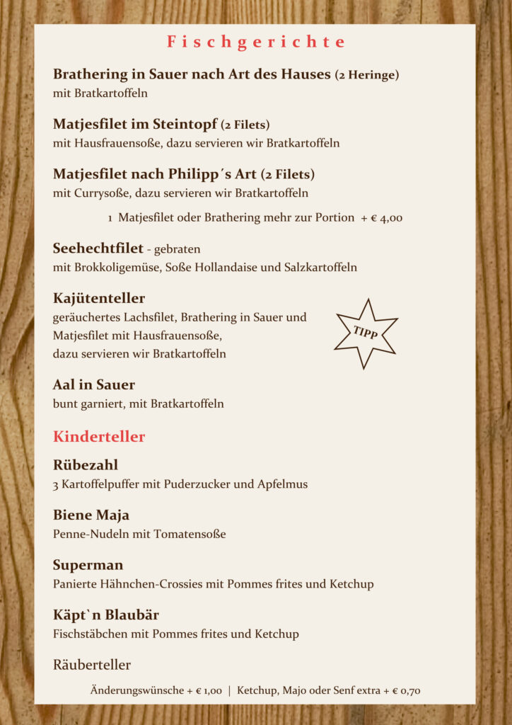 Auszug Speisekarte mit Fischgerichten und Kindertellern