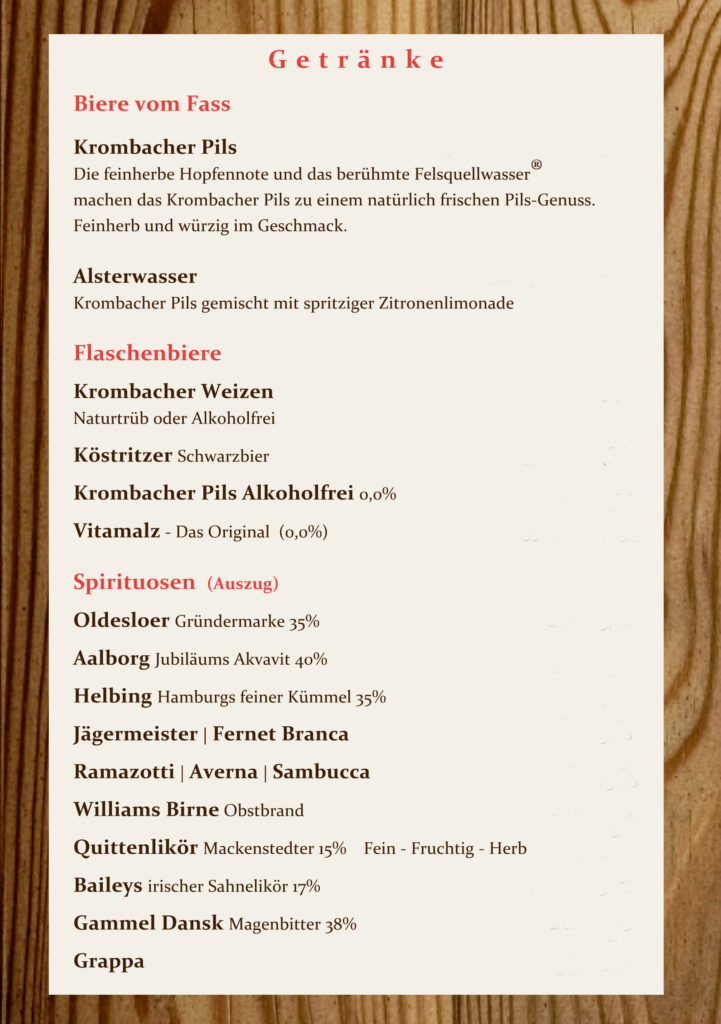 Speisekarte mit Getränken - verschiedene Biere und Spirituosen