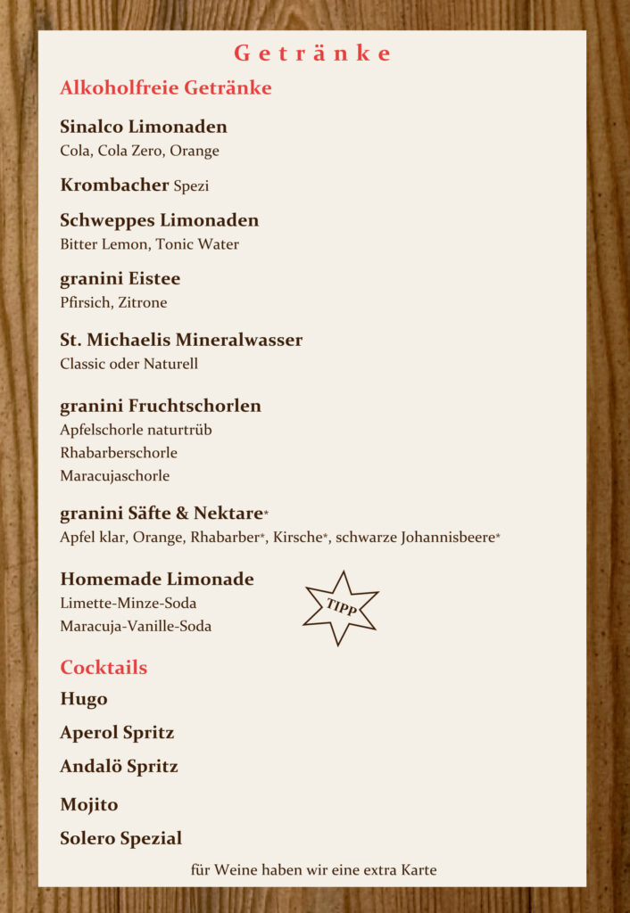 Auszug aus Speisekarte alkoholfreie Getränke und Cocktails